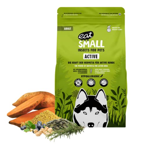 EAT SMALL Active Hundefutter 3x2 kg, Trockenfutter mit Insekten, nachhaltig, hypoallergen, Adult, für aktive Hunde bis 25 kg, Alleinfutter, unterstützt Gelenke sowie Muskulatur und Ausdauer