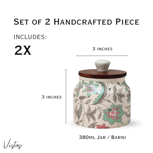 Image of Vistas 'Vintage Pastel' Airtight 380ml Set of 2 Ceramic Jar for Kitchen Storage | Handcrafted Ceramic Barni with Wooden Lid | Multipurpose Pickle, Spice & Salt Container