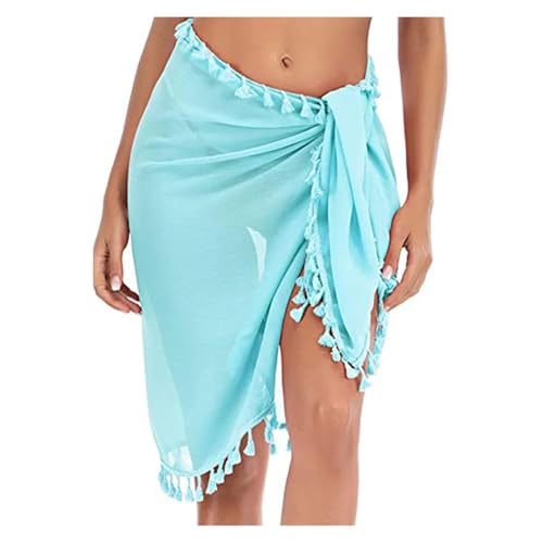 Foulard avec pompon bleu clair : jupe de plage ajustable femme