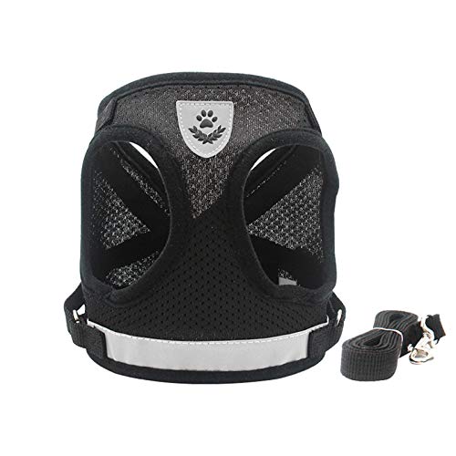 SMALLLEE_LUCKY_STORE ハーネス 犬 胴輪 はーねすリードセット小型犬 超小型犬 子犬 猫 ベストエアメッシュ 反射機能付き ソフト かわいい おしゃれ 軽量 通気性 調節可能 散歩用 出かけ用 5色 (ブラック,L)