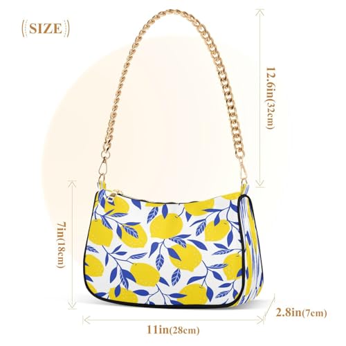 Image of Shoulder Bags for Women Vintage Yellow Lemon Fruit and Blue Print Hobo Tote Handbag Small Clutch Purse with Zipper Closure