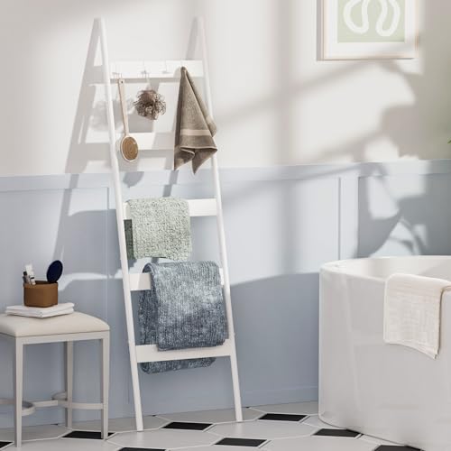 Blanket Ladder, 5-Tier Towel Holder with 4 Removable Hooks, Farmhouse Wall Leaning Decorative Rack Shelf, Wooden Towel Display Rack, Quilt Ladder for Living Room, Bedroom, White by Vantimo - Used condition - Image 5