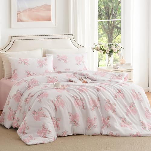 Image of Nayoroom Pink Bow Duvet Cover Queen Size Coquette Pink Floral Duvet Cover 3 Pieces Soft Lightweight Microfiber Girls Cute Aesthetic Dorm Bedding Set