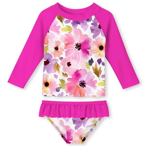 Funnycokid Girls Swimsuit Bathing Suit Swim Long Sleeve 2 Piece Size 6 7 Rash Guard Set for Kids Hot Pink Floral