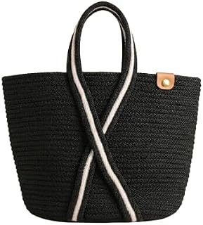 Women’s Woven Tote Bag – Large Black Handwoven Shoulder Handbag with Contrast Rope Handles, Lightweight Summer Beach Bag, ... Price In India