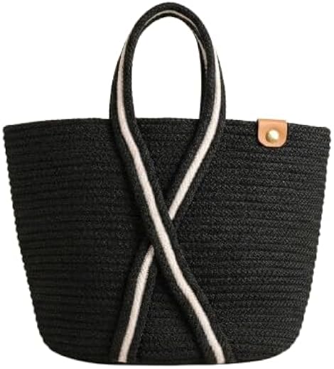 Women’s Woven Tote Bag – Large Black Handwoven Shoulder Handbag with Contrast Rope Handles, Lightweight Summer Beach Bag, ...