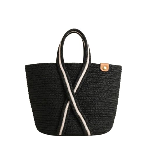 Women’s Woven Tote Bag – Large Black Handwoven Shoulder Handbag with Contrast Rope Handles, Lightweight Summer Beach Bag, ...