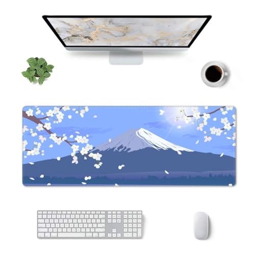 Image of Japanese Cherry Blossom Large Gaming Mouse Pad, Extended Sakura Fuji Mountain Mousepad, Big Long Non-Slip Mouse Mat for Keyboard, Computer, (Blue, 31.5 * 11.8 in)
