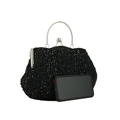 Women Beaded Sequin Design Flowers Evening Wedding Clutch Handbag Purse Vintage Beaded Embroidery Crossbody Evening Bag (Black) #TOP4