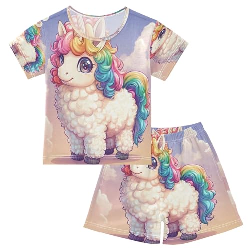 ALAZA Unicorn Cloud Llama Animal Pajamas Set Short Sleeve Cotton Sleepwear Summer Pjs 2 Piece 5-14Y