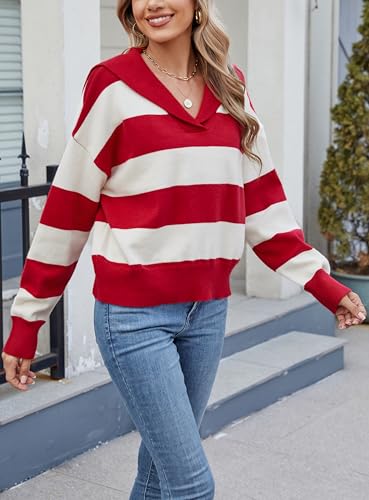 Image of D-Sun Women Striped Sweater V Neck Long Sleeve Cropped Color Block Pullover Sweater Casual Fall Winter Knit Polo Jumper Top