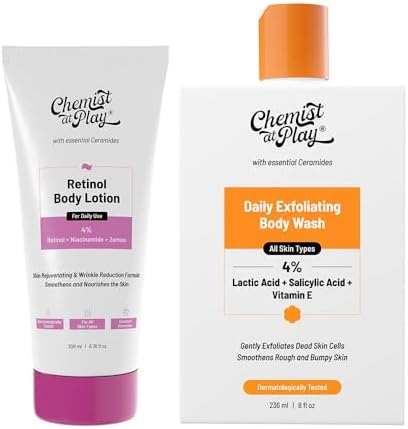 Chemist At Play Anti-Aging Body Lotion with 4% Retinol, Niacinamide & Zemea 200ml + Exfoliating Body Wash with Ceramides | 4% Lactic Acid + Salicylic Acid + Vitamin E 236ml