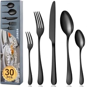 BEWOS Besteck Set Schwarz - 30-teiliges Schwarzes Besteck für 6 Personen aus Spülmaschinenfestem Edelstahl, inklusive Messer, Gabeln und Löffeln