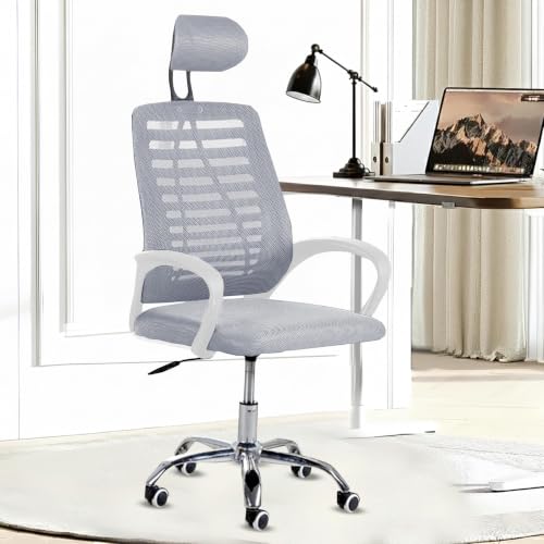 Image of Casa Copenhagen,Mesh Office Desk Chair,Rocking Ergonomic Computer Chair Adjustable High with Headrest and Comfortable Armrest Swivel- Jet Grey & White Handle