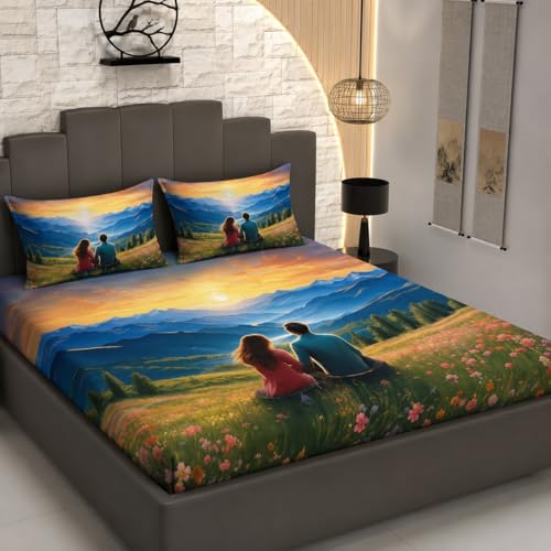 Image of Decor Well 7d Bedsheet for Double Bed King Size with 2 Pillow Covers, Polycotton 220 TC Super Soft & Breathable, Wrinkle Free New Blue Heart Printed Bedsheet Set (90x100 Inch)