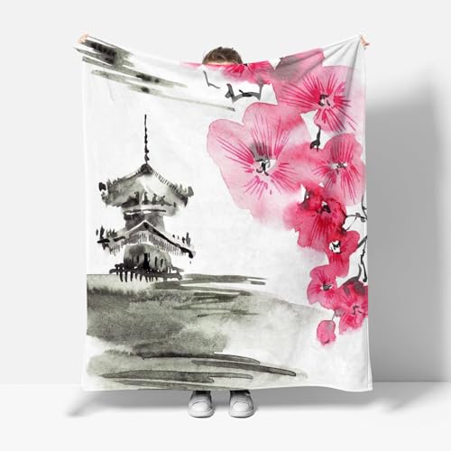 RFFLUX 3D Japan Stil Kuscheldecke 100x130 cm Microfaser Flanell Decke Kirschblüten Wohndecke Sommer Leichte Weiche Winter Warme Blanket Tagesdecke Sofadecke Couchdecke（Stil 143-16）
