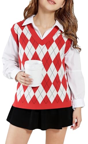Image of SELINK Boys Girls V Neck Argyle Knit School Uniform Sweater Vest | Soft Cotton Polyester Blend Knitted Vest,Stockinette Stitch,Hand Wash Only For School Uniform Daily Wear