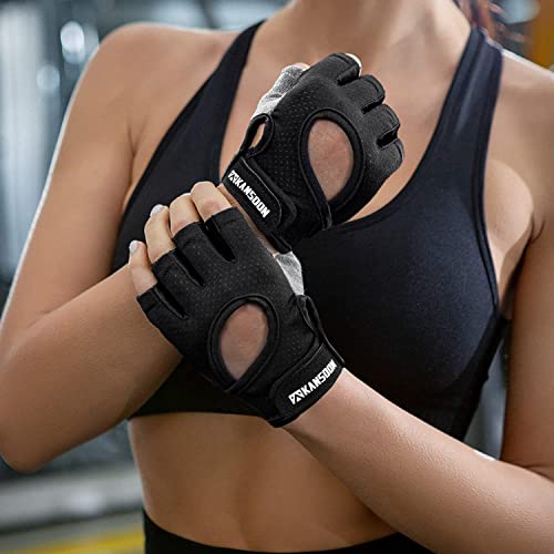 Breathable Workout Gloves, Knuckle Weight Lifting Fingerless Gym Exercise Gloves with Curved Open Back, for Powerlifting, Crossfit, Women and Men (Black, Large)