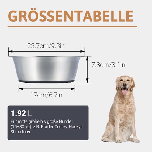 PEGGY11 Hundenapf Edelstahl mit rutschfestem Silikonboden, 2er Set, 1920 ml – Fressnapf & Wassernapf für große Hunde