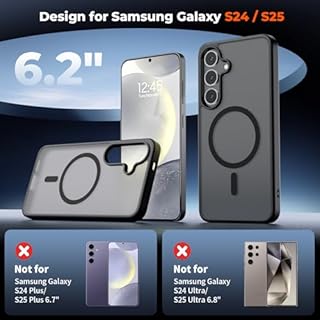 SUPFINE Magnetic for Samsung Galaxy S24 Case / S25 Case with Screen Protector, (Compatible with MagSafe) (Military Grade Drop Protection) Slim Translucent Shockproof Phone Case,Black