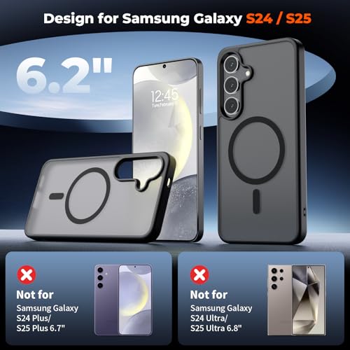 Image of SUPFINE Magnetic for Samsung Galaxy S24 Case / S25 Case with Screen Protector, (Built-in Magnets) (Military Grade Drop Protection) Slim Translucent Shockproof Phone Case,Black