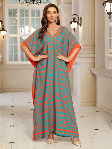 Image of KECVOT Kaftan Dresses for Women V-Neck Print Swimsuit Cover Up Plus Size Beach Caftan Lounge Dress