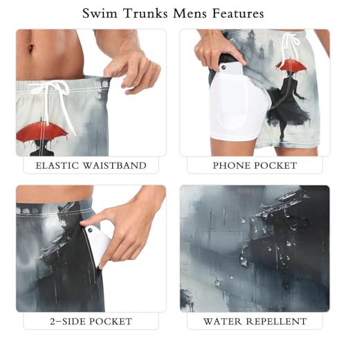 Mens Swim Trunks with Liner, Woman Umbrella Art Cool Quick Dry Beach Swim Shorts, Swimwear Bathing Suits S3