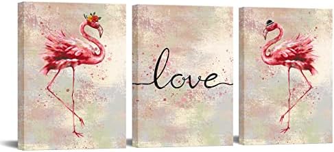 Conipit Flamingo Canvas Wall Art for Living Room Pink Wall Prints Love Artwork for Wall Romantic Flamingo Painting Wall Decor Framed Ready to Hang 12''x16''x3 Panels