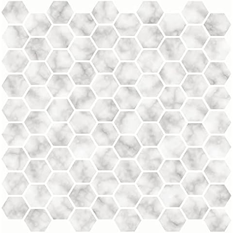 In Home InHome NH2359 Hexagon Marble Peel Stick Backsplash Tiles, White & Off-White Cover