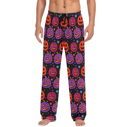 Men’s Halloween Purple Pumpkins Pajama Pants with Pockets, Comfortable Lounge Sleep Bottoms#615