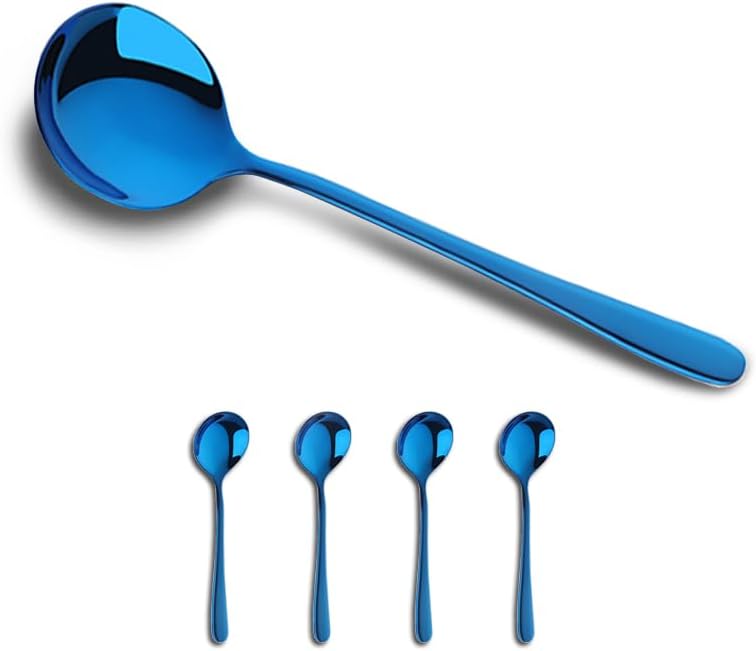 Cucharas de sopa moradas de 4 piezas, cucharas de caldo de acero inoxidable, cucharas de sopa grandes de cabeza redonda, cuchara coreana de acero