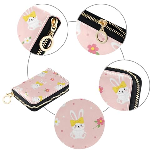 Cute Bunnies Rabbits Floral Pink Women Wallet Small Credit Card Wallets RFID Blocking Print Zipper Card and Cash Holder4