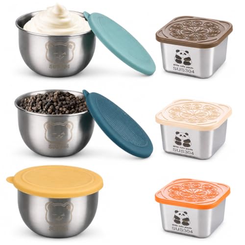 PHYNDR Juego aleatorio de 4 recipientes para salsas, mini tarros con tapa, de acero inoxidable, a prueba de fugas y fáciles de transportar