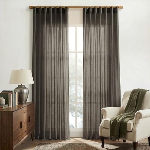 Image of XTMYI Brown Linen Curtains Drapes for Living Room Bedroom 108 Inch Curtains Long 2 Panels Semi Sheer Window Treatments for Dining Room