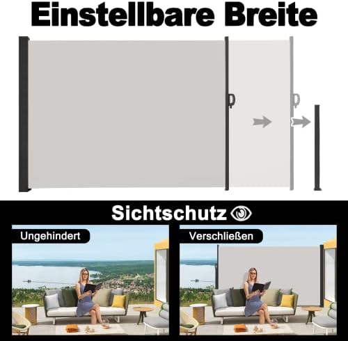 Froadp 160×300cm Retractable Side Awning Extendable Privacy Protective Screen with Water-Repellent PU Coating Sunshade Windbreak Side Awnings to Pull Out for Garden Balcony Patio(Anthracite)