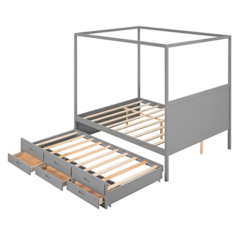 Queen Size Wood Canopy Platform Bed Frames With Twin Size Trundle & 3 Storage Drawers, No Box Spring Needed, Easy To Assemble For Bedroom Small Living Space Boys Girls (Grey) #TOP4