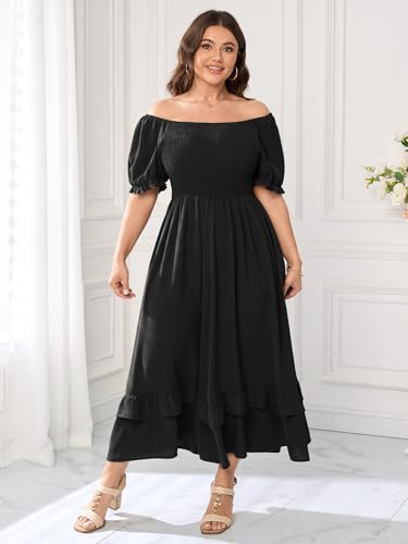 Image of Women's Plus Size Dress Square Neck Short Sleeve Smocked Elastic Waist Tiered Ruffle Hem Maxi Dresses