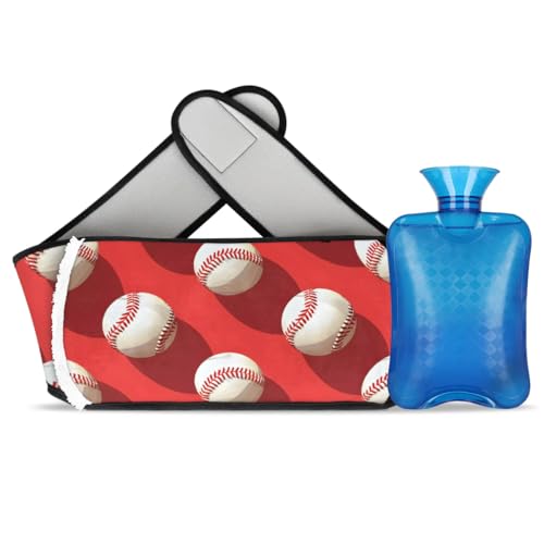 Hot Water Bag with Waist Cover Red Sports Baseballs Warm Hot Water Bottle Belt Plush Double Hand Insert Wearable Water Bag Detachable Hot Bottle Pouch for Neck Shoulder Pain Relief