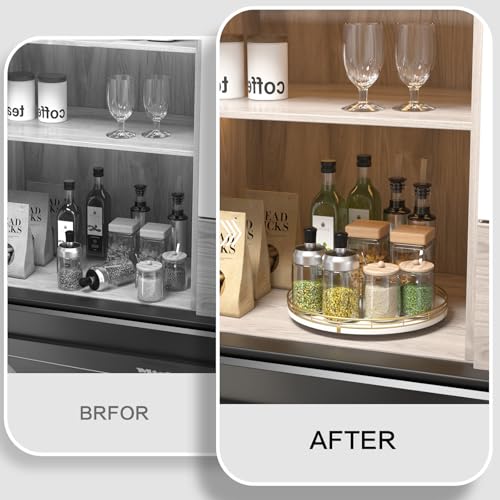 Image of 12 inch Wooden Lazy Susan Turntable for Cabinet - Round Rotating Spice Rack Organizer, White Kitchen Countertop Tray for Dining Table & Pantry Storage (White & Gold)