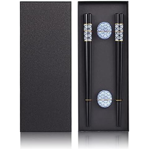 TIICOO Chopsticks Reusable Japanese Wave Pattern Style Lightweight 2 Pairs Wooden Chopsticks + 2 Ceramic Chopsticks Holder Gift Set, 8.85 inches/22.5cm, Dishwasher Safe Cover