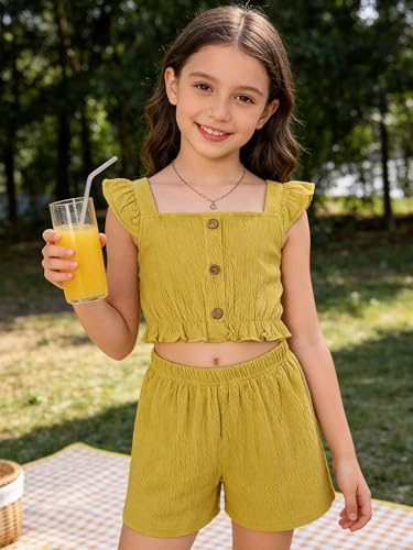 Image of Girl's Summer Clothing Sets Knit Ruffle Striped T-Shirt and Shorts 2 Piece Outfits