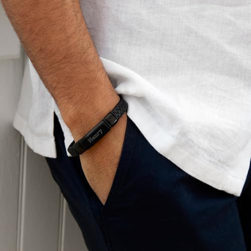 EVE'S ADDICTION Custom Engraved Bracelets For Men - Men's Leather Black Id Bracelet - Name Bracelet - Personalize Men's Bracelet - Men's Jewelry - Birthday Gift for Him - Gifts for Dad2