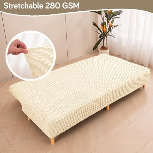 Image of HOKIPO Armless Sofa Cover for Sofa Cum Bed, 280 GSM Stretchable Elastic Futon Slipcover, 'Aria Nova' (Medium) Light Cream (AR-6702-CRM)