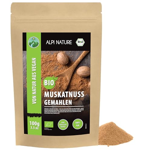 Alpi Nature Noix de Muscade BIO en Poudre 100g, Muscade Moulue pour la Cuisine et la Pâtisserie