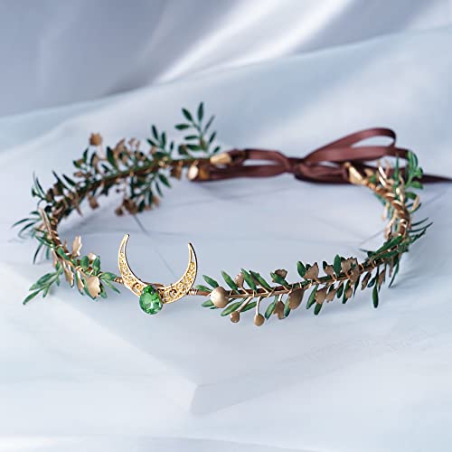 Mostory Celtic Fairy Moon Circlet Emeralds Crystal Elven Headpiece Green Golden Olive Leaf Headband For Women Girls Cosplay Hair Accessory Wedding Bridal Maternity Costumes #TOP1