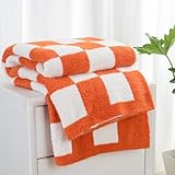 Carriediosa Checkered Throw Blanket 50' X 60', 400GSM Ultra Soft Microfiber Fuzzy Fluffy Reversible Cute Preppy Knitted Blankets Cozy Plush Fall Throws for Couch, Bed, Sofa, Burnt Orange