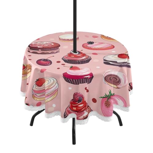 Wajiw 60 Inch Indoor Outdoor Round Tablecloth with Umbrella Hole and Zipper Waterproof Patio Table Cover for Camping Dining Room Party Outdoor Picnic,Cakes