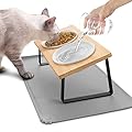 Otoomenz Cat Bowl, Ceramic Cat Food Bowls With 15° Tilted Wood Stand,2 Bowls Raised Cat Bowls for Food and Water, Bamboo Cat Feeding Station with Cat Food Mat for Cats and Puppy