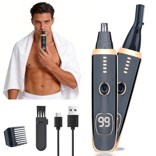 Mendaping Nose and Ear Hair Trimmer for Women Men,2 in 1 LED Display Eyebrow Hair Trimmer with USB Rechargeable,Portble Waterproof Facial Hair Removal with Dual-Edge Blades for Travel (Black Gold)