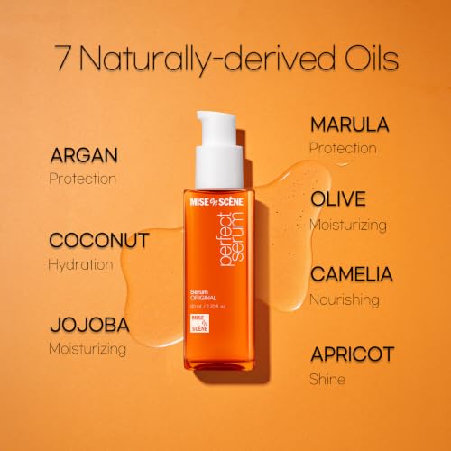 Image of Mise En Scene Perfect Serum Original - Heat Protectant Hair Oil for Frizzy & Dry | Argan Oil | Visibly Smooths & Softens | Add Shine All Hair Types | Damage Repair | Fruity Floral Scent, 2.7 Fl Oz.